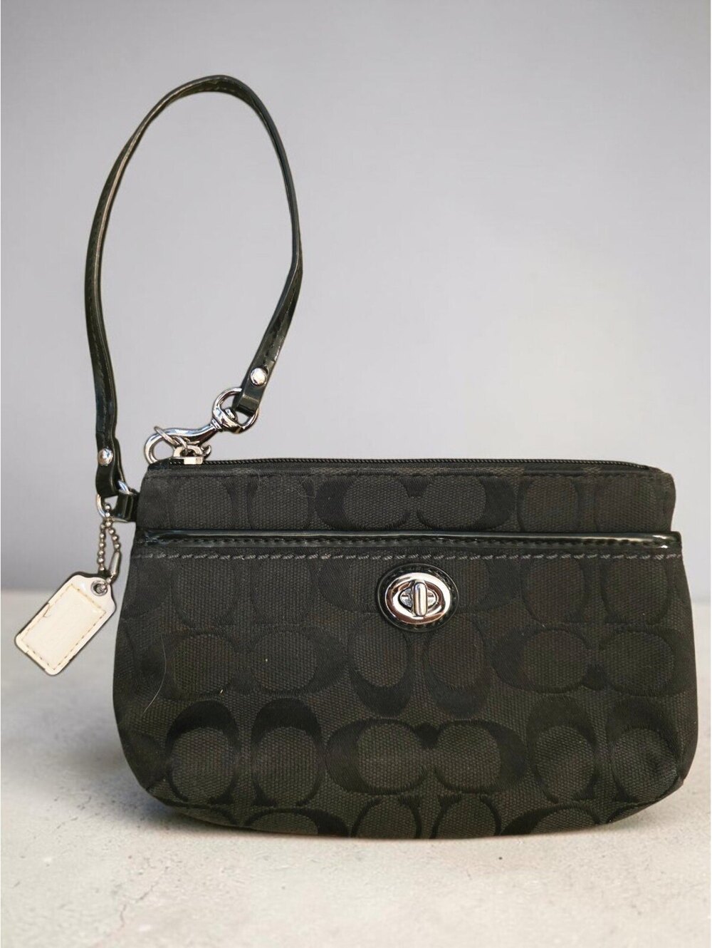 Coach Black Signature C Monogram Turnlock Wristlet Pouch Silver Hardware